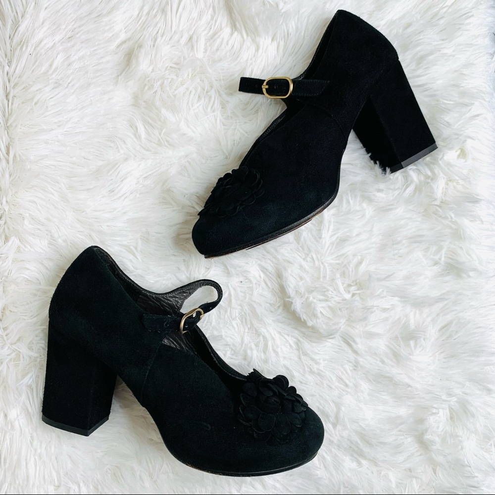 CHIE MIHARA Anthropologie Suede Floral Block Heels